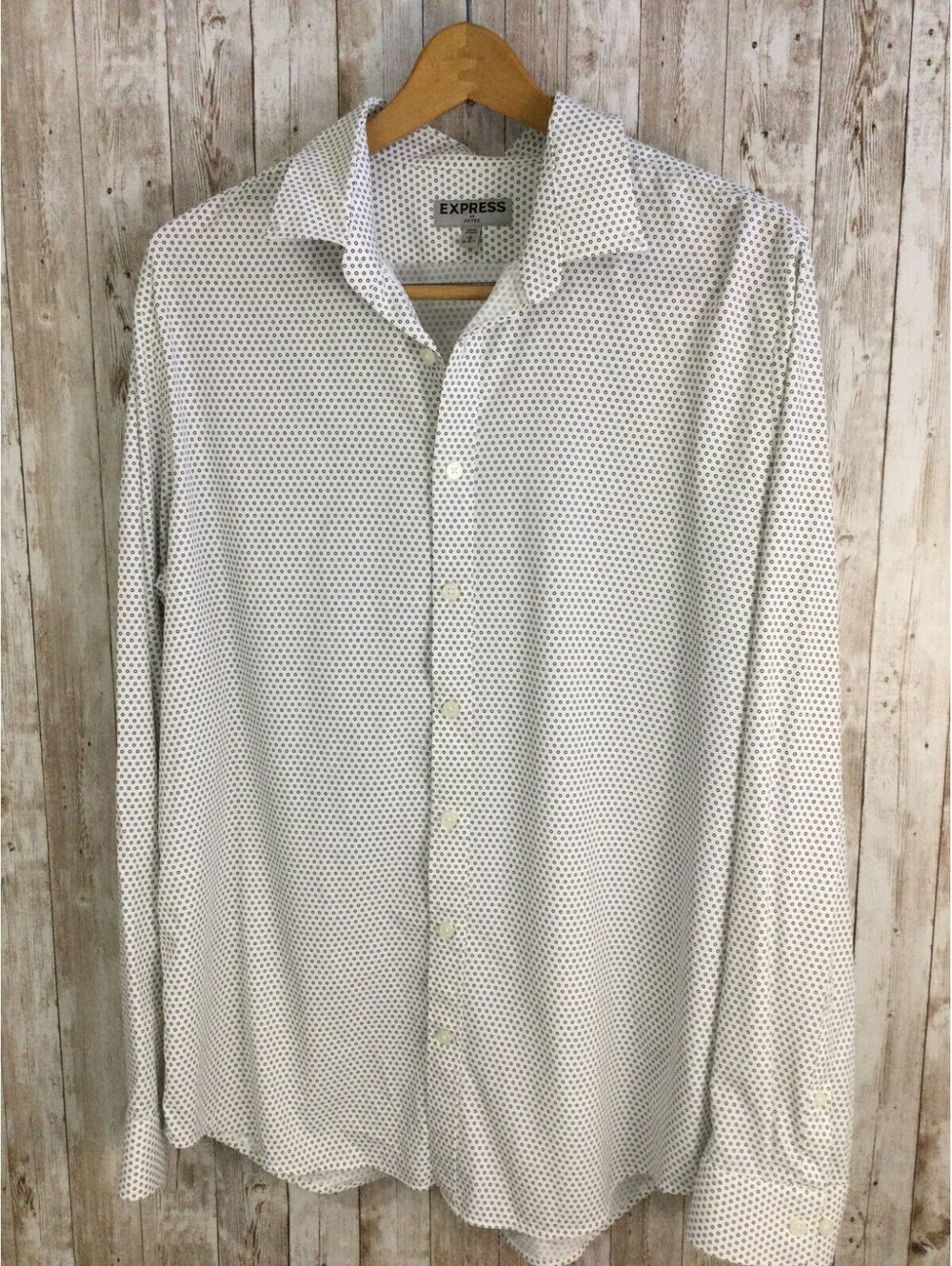 Express Button Down Dress Shirt Polka Dot White Mens Size Large Nylon Silky Feel